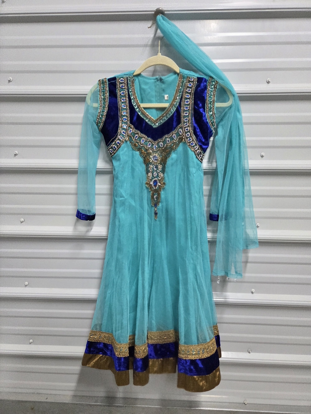 Young Girls Teal/Royal Blue Anarkali Formal Dress With Real Rhinestones